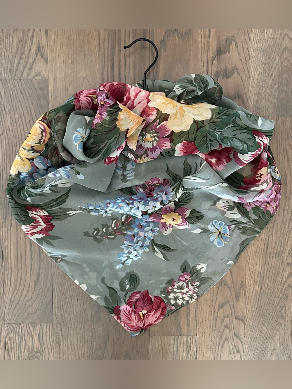 Vintage Rare Ralph Lauren Silk Chiffon Floral Print Scarf Sage Green Multi 33.5"